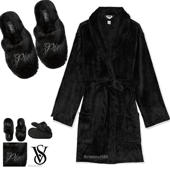 VS PINK Robe & Black & Silver Bling Slippers NEW WITH TAGS - Picture 13 of 16